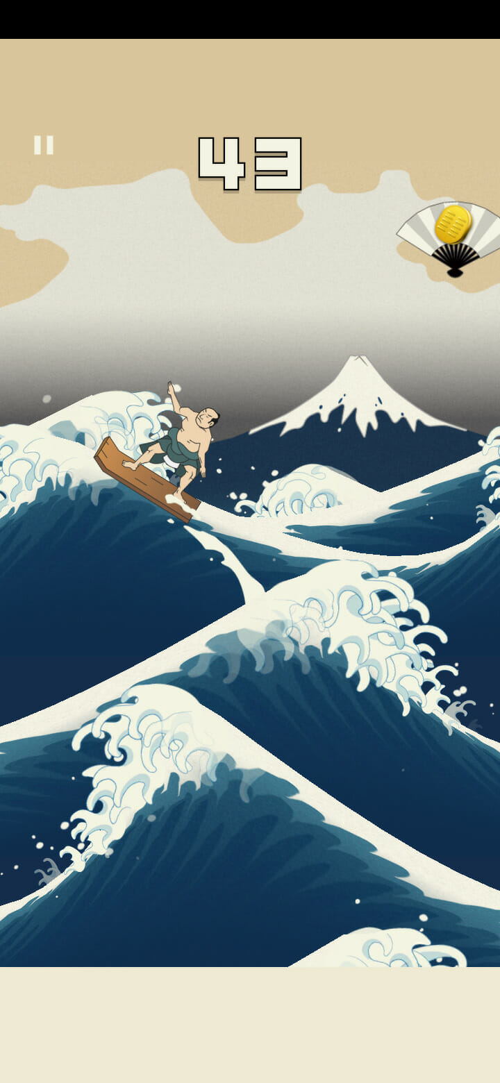 浮世絵の中でサーフィンをする波乗りアクションゲーム「うきよウェーブ」