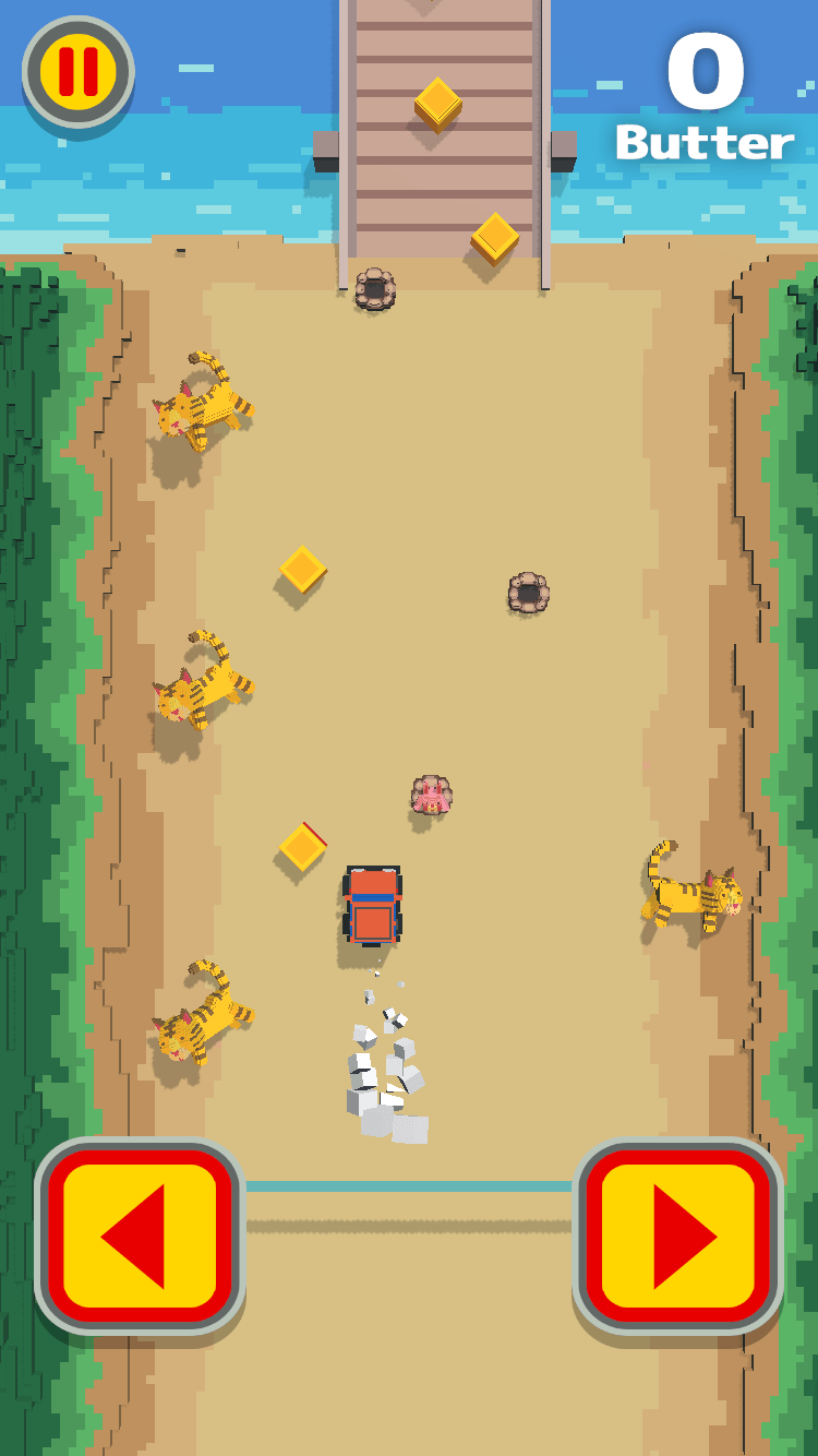 トラを避けながら車を走らせるカーアクションゲーム「CRAZY PANCAKE」