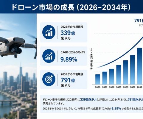 ドローン市場は2034年までに791億米ドルに達すると予測されており、AIの普及拡大、防衛投資、商業用途の拡大が市場成長を牽引する…