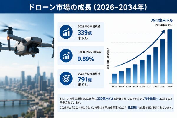 ドローン市場は2034年までに791億米ドルに達すると予測されており、AIの普及拡大、防衛投資、商業用途の拡大が市場成長を牽引する…