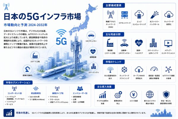 日本5Gインフラ市場は31.28% CAGRで成長し、2034年までに65.8 十億米ドルに達すると予測されています