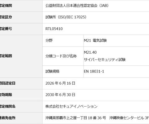 セキュアイノベーション、IoTセキュリティ試験サービスにおいてJABから適合性評価機関（ISO/IEC 17025）の認定を取得