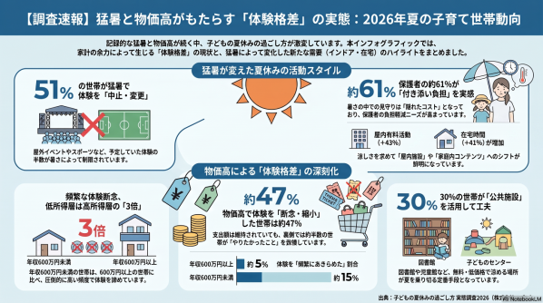 調査レポート：子どもの夏休み「体験格差」の実態調査～物価高で体験を”頻繁に断念”した世帯、年収600万円未満は600万円以上の3倍に～（株式会社コズレ）