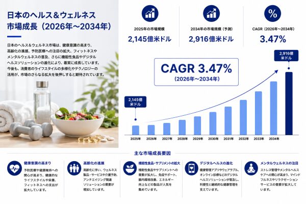 日本の健康・ウェルネス市場規模は2034年までに2,916億米ドルに達し、2026年から2034年にかけて年平均成長率（CAGR）…