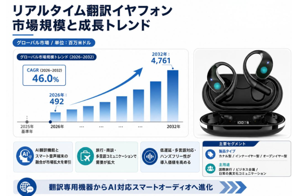 リアルタイム翻訳イヤフォン市場、2026年に約4.9億ドル – 2032年には約47.6億ドルへ急拡大（CAGR 46…