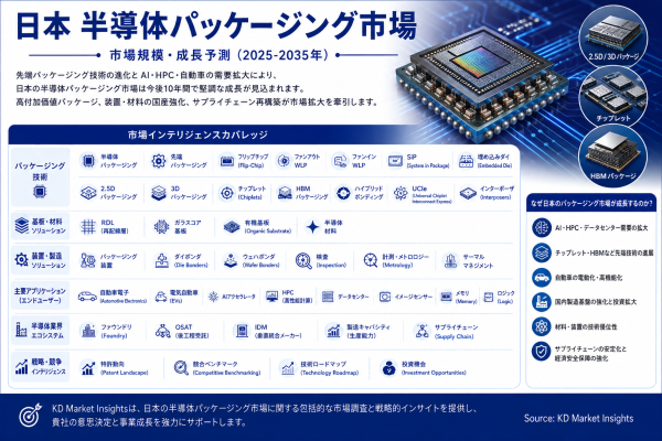 日本の半導体パッケージング市場規模、シェア、成長、動向・予測：先端パッケージング、チップレット、2.5D/3D統合、HBM、日本の…