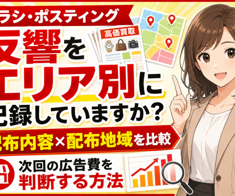 【買取オーナー様必見】チラシ・ポスティングの反響をエリア別に記録してる？配布内容と配布地域を比較して次回の広告費を判断する方法──買取店が折込・ポスティングの反響率と来店単価をエリア別に測定しする手順
