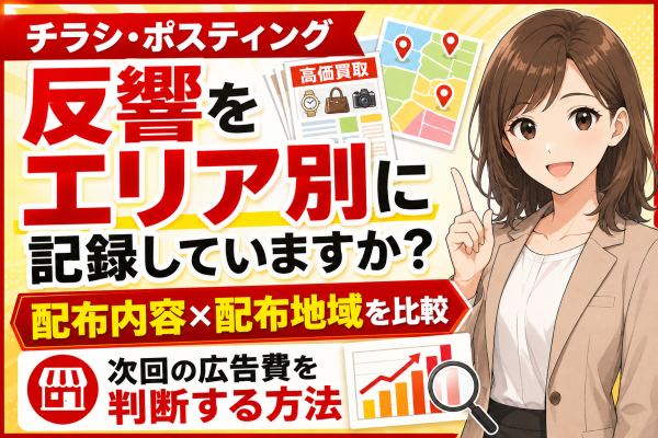 【買取オーナー様必見】チラシ・ポスティングの反響をエリア別に記録してる？配布内容と配布地域を比較して次回の広告費を判断する方法──買取店が折込・ポスティングの反響率と来店単価をエリア別に測定しする手順