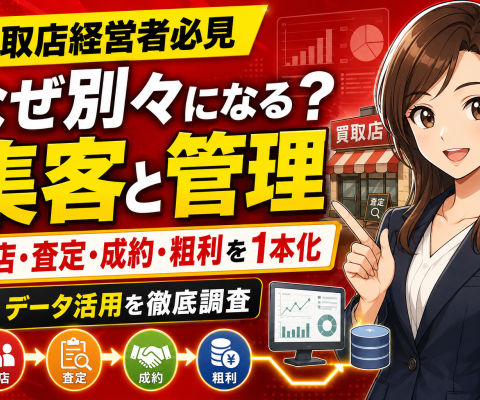 【買取店経営者必見】買取店の集客と管理はなぜ別々になる？来店・査定・成約・粗利を1本でつなぐ買取店のデータ活用。集客ツールと管理システムの分断が生む機会損失と、買取店が施策の効果を粗利まで追跡する方法