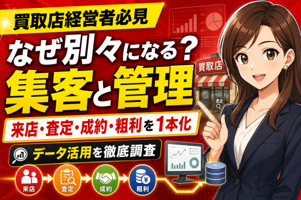 【買取店経営者必見】買取店の集客と管理はなぜ別々になる？来店・査定・成約・粗利を1本でつなぐ買取店のデータ活用。集客ツールと管理シ…
