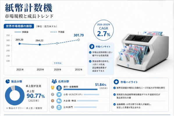 紙幣計数機マーケットリサーチ：調査方法＋業界分析＋売上規模、年平均成長率（CAGR）2.7%の安定成長