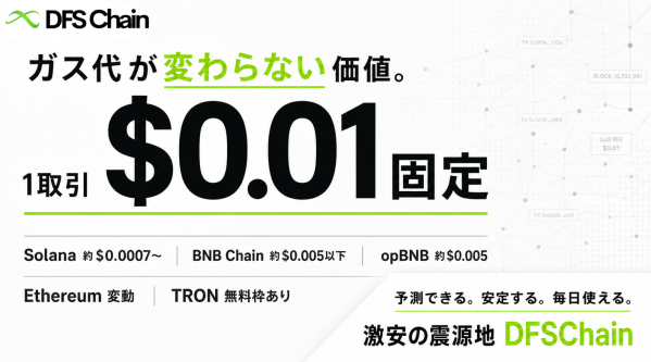 ガス代が変わらないことを新たな価値に DFSChain、1取引0.01ドルの固定ガス代で予測可能な低価格環境を構築