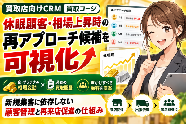 買取店向けCRM「買取コージ」、休眠顧客・相場上昇時の再アプローチ候補を可視化。金・プラチナ相場の変動と過去の買取履歴から声かけす…