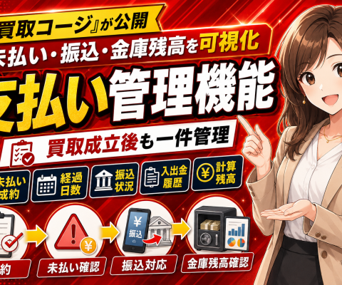 【解説】買取成立後の未払い・振込・金庫残高を可視化。買取コージが支払い管理機能を公開！未払い成約と経過日数、振込状況、入出金履歴、計算残高を同じ画面で確認し、買取から支払い完了までを管理する方法