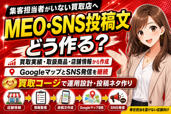 【集客担当者がいない買取店へ】買取実績・取扱商品・店舗情報からMEO・SNS投稿文を作る「買取コージ」──専任担当を置けない買取店…