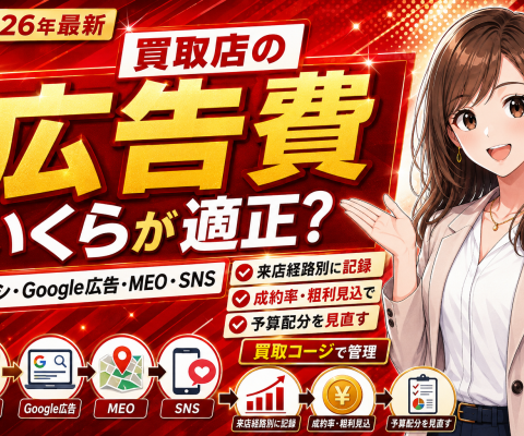 【買取店の広告費はいくらが適正？】チラシ・Google広告・MEO・SNSの集客費用を来店経路別に記録し、成約率と粗利見込から予算配分を見直す「買取コージ」──広告予算の決め方と、経路別の来店単価測定