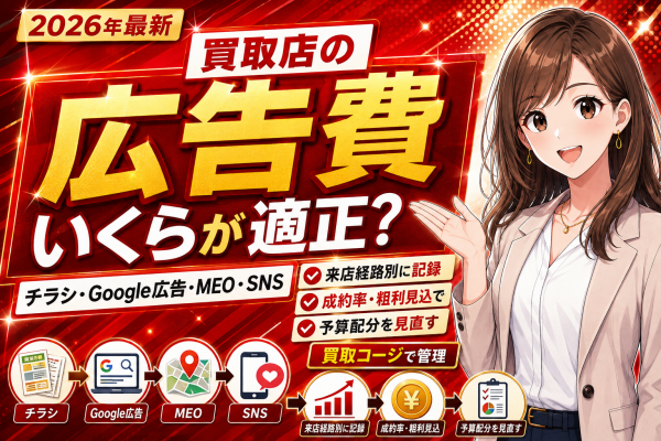 【買取店の広告費はいくらが適正？】チラシ・Google広告・MEO・SNSの集客費用を来店経路別に記録し、成約率と粗利見込から予算…