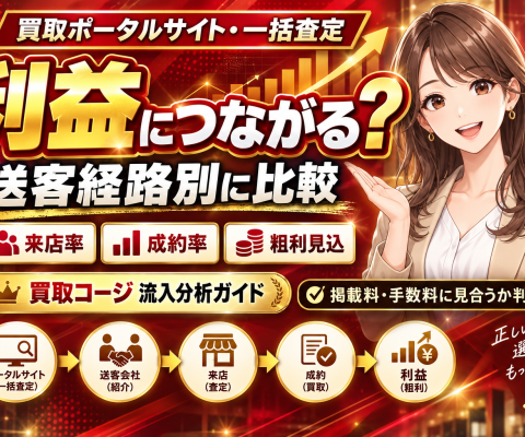 【買取ポータルサイト・一括査定の反響は利益につながる？】送客経路別の来店・成約率・粗利見込を比較する「買取コージ」の流入分析ガイドを公開──一括査定サイトや紹介会社からの送客を経路別に記録する方法