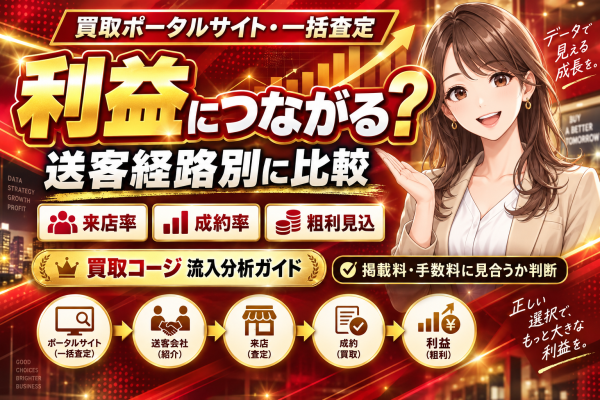 【買取ポータルサイト・一括査定の反響は利益につながる？】送客経路別の来店・成約率・粗利見込を比較する「買取コージ」の流入分析ガイド…