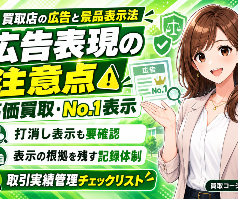 【買取店の広告と景品表示法】「買取価格アップ」「買取保証」「どこよりも高く」を使う前に確認したい広告表現と取引実績管理チェックリスト──買取店の高価買取表示・No.1表示・打消し表示の注意点