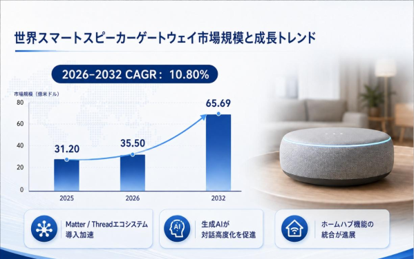 日本市場におけるスマートスピーカーゲートウェイの市場規模：売上規模・シェア・主要事業者別ランキング、年平均成長率（CAGR）10.…