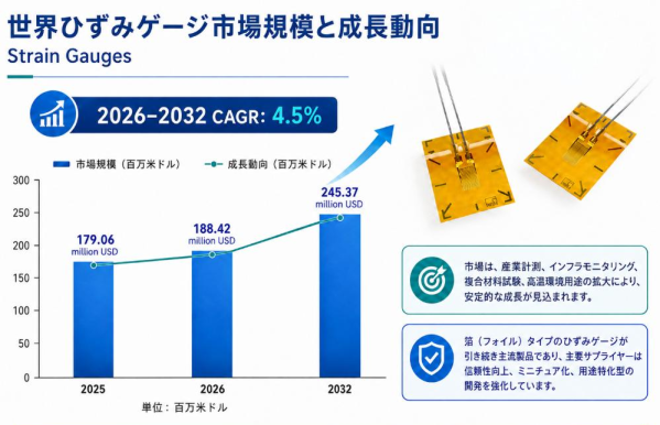 ひずみゲージ市場規模マップ＋シェア＋フレームワーク、年平均成長率（CAGR）4.5%の安定成長