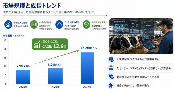 AIを活用した家畜健康監視システム市場調査：規模・状況・調べ方・算出方法、2032年18.2億ドル、年平均成長率（CAGR）12.…