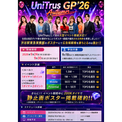 UniTrus、渋谷駅大型ポスターへの掲載権をかけた「UniTrus GP’26 Autumn」を9月24日より開催
