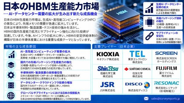 日本のHBM生産能力市場：AIチップの拡大、先進パッケージング、メモリイノベーションが製造能力の成長を促進