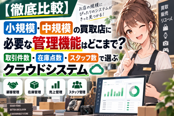 【徹底比較】小規模・中規模の買取店に必要な管理機能はどこまで？取引件数・在庫点数・スタッフ数で選ぶクラウドシステム